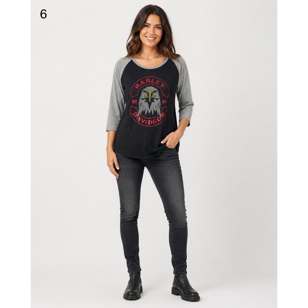 Harley Davidson Baseball Raglan Tee Shirt Womens Small Black Gray Eagle Seattle
